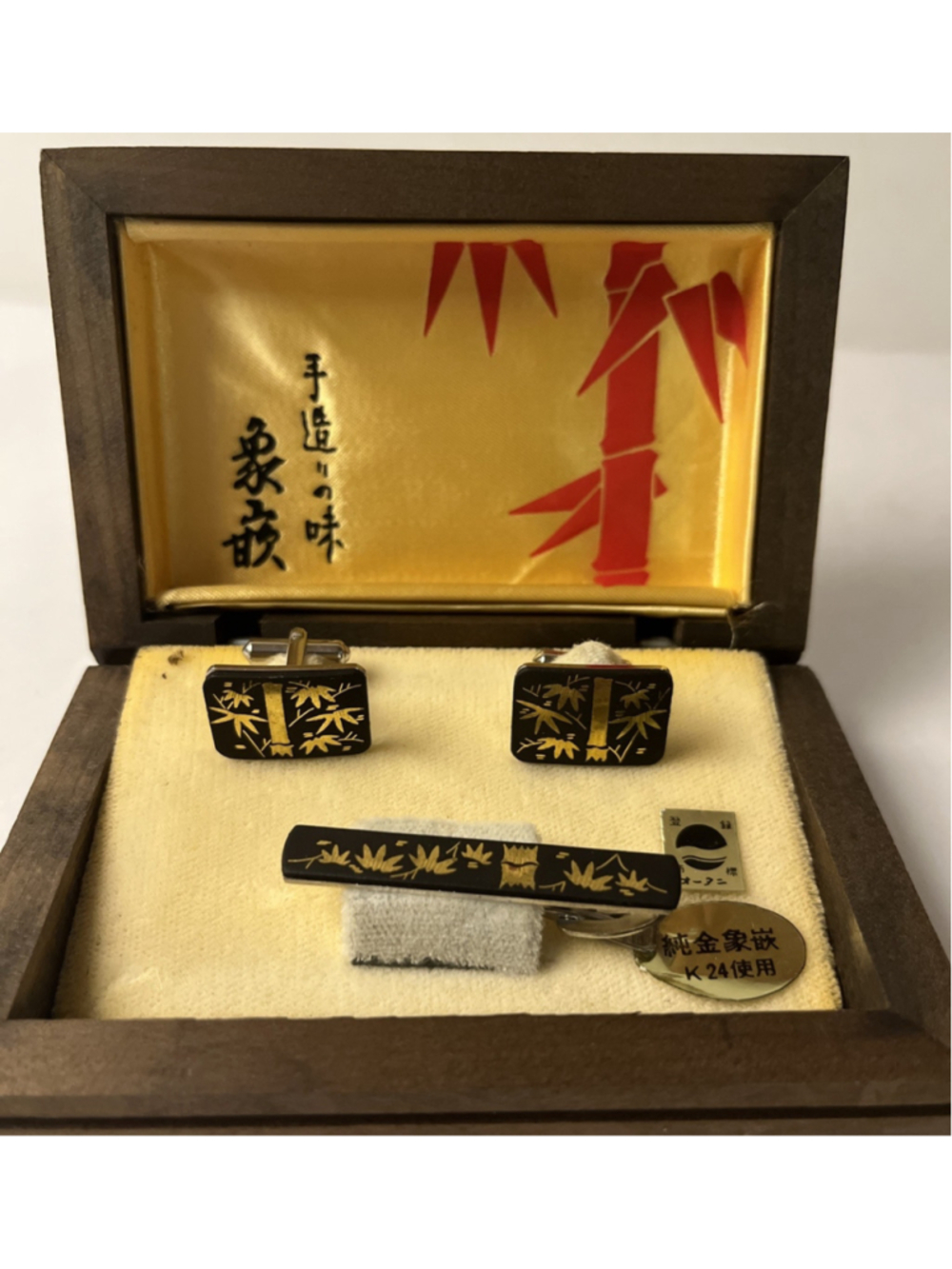 Vintage Japanese Zogan 24K Gold Bamboo Cuff Links Tie Clip Set in Wooden Base